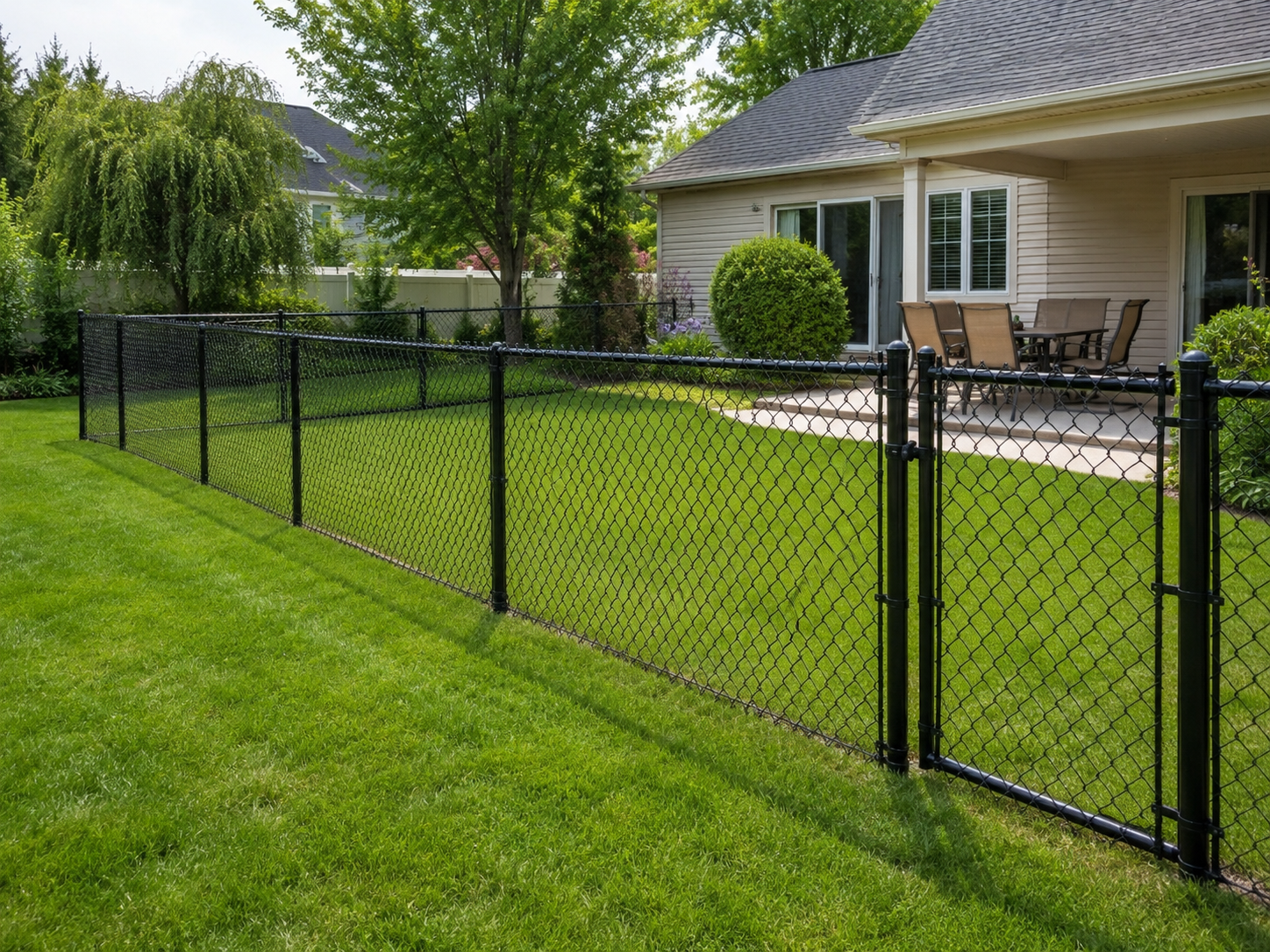 black chain link fence with gate for backyard home