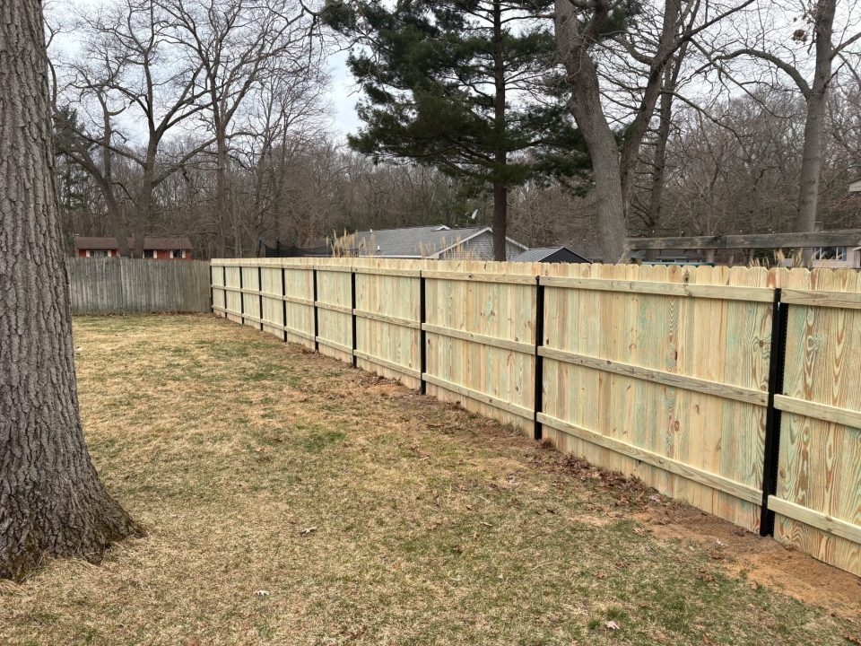 new privacy wood vertical panel fence next to old one